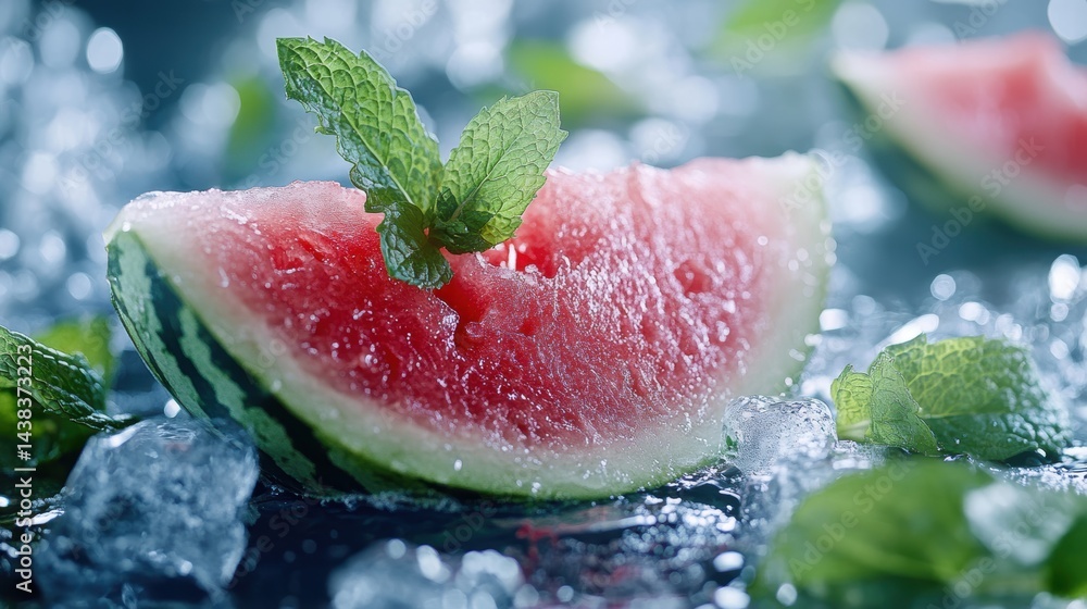 A beautiful close-up of a fresh watermelon slice, juicy and bright red, surrounded by mint leaves and ice cubes A beautiful close-up of a fresh watermelon slice, juicy and bright red, surrounded by mint leaves and ice cubes