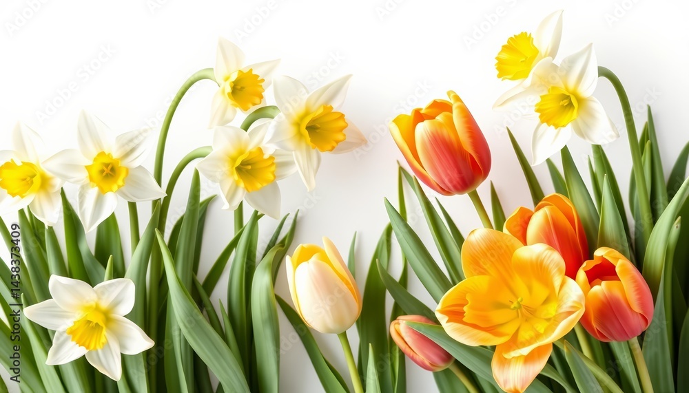 Obraz premium Elegant linear border of white daffodils and tulips, early spring floral ribbon design, floral border, daffodil