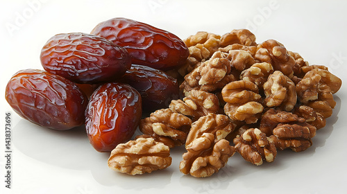 Closeup of Dates and Walnuts on White Background