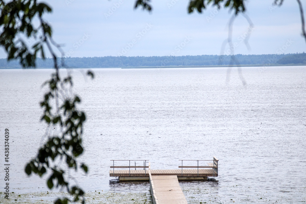 a wooden pier stretching into calm water, with a small platform at the end and blurred tree branches in the foreground under a cloudy sky.