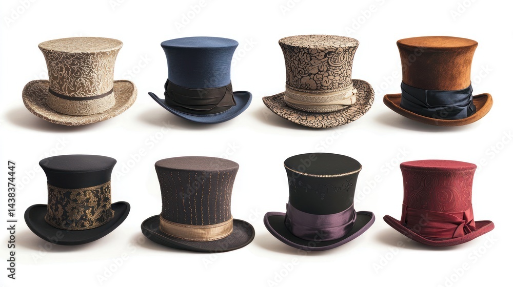 Collection of top hats with intricate stitching details on white background. Collection of top hats with intricate stitching details on white background.