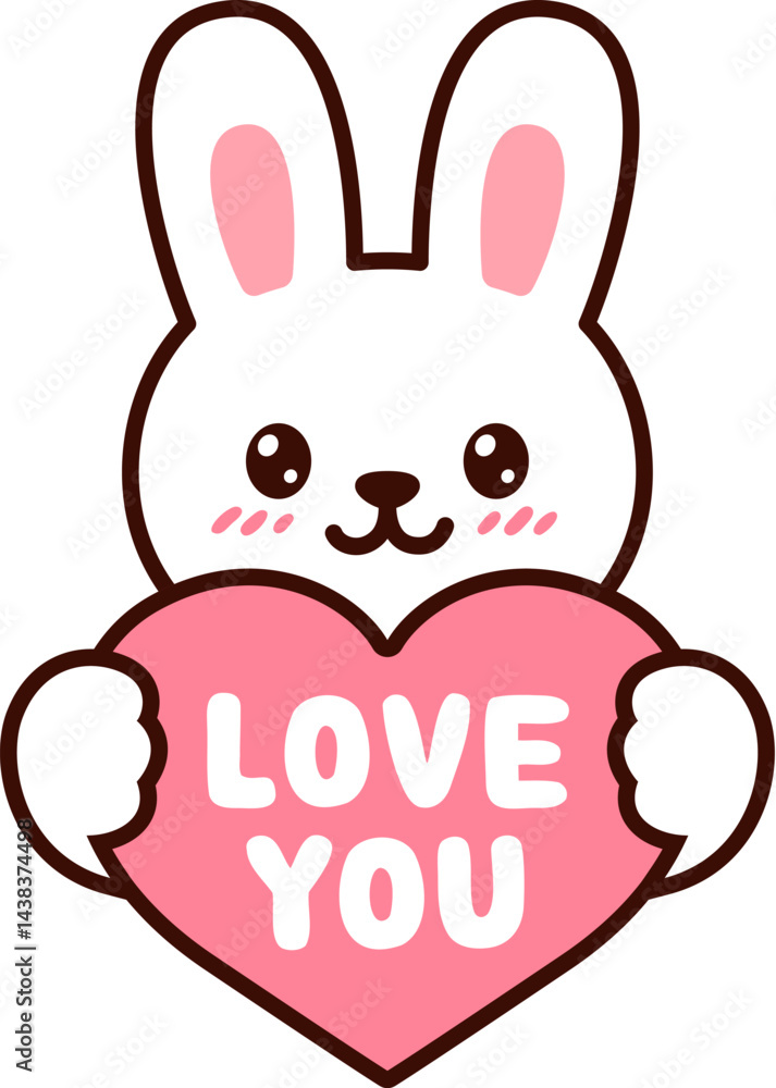 Obraz premium Funny cartoon white bunny holding pink heart saying Love You. Cute Valentine rabbit drawing, vector illustration.