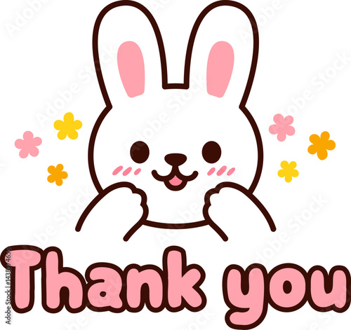 Cute cartoon white bunny saying Thank you. Kawaii rabbit sticker drawing, vector illustration.