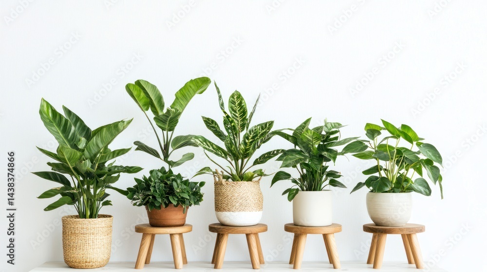 Obraz premium Collection of tropical plants in ceramic pots on wooden stools on white background.
