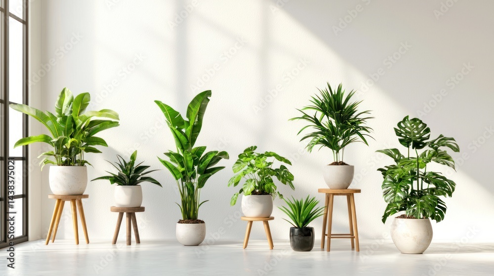 Fototapeta premium Collection of tropical plants in ceramic pots on wooden stools on white background.
