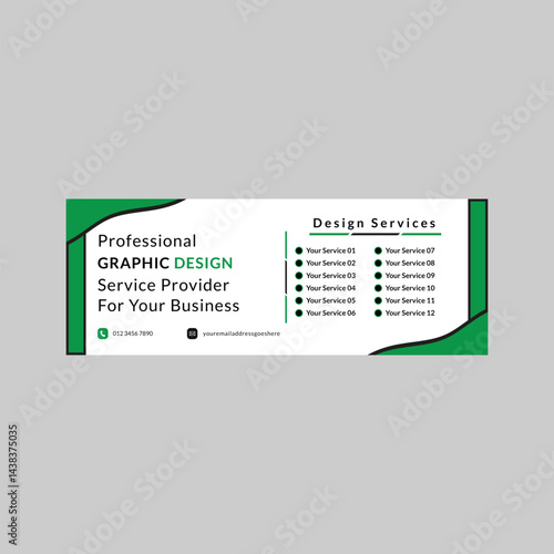 Facebook Cover Design Minimalist Professional Graphic Design Service Facebook, Banner Design Dark Green and White Text, List of Services, Contact Info, Clean Modern Layout on Light Gray Background