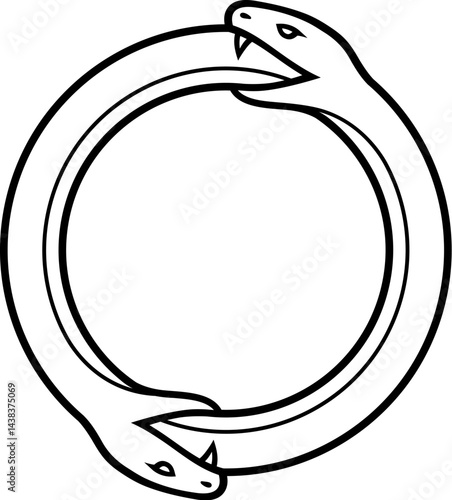 Double Ouroboros symbol, snake eating tail of another snake. Simple black and white drawing. Modern circle logo, vector illustration.