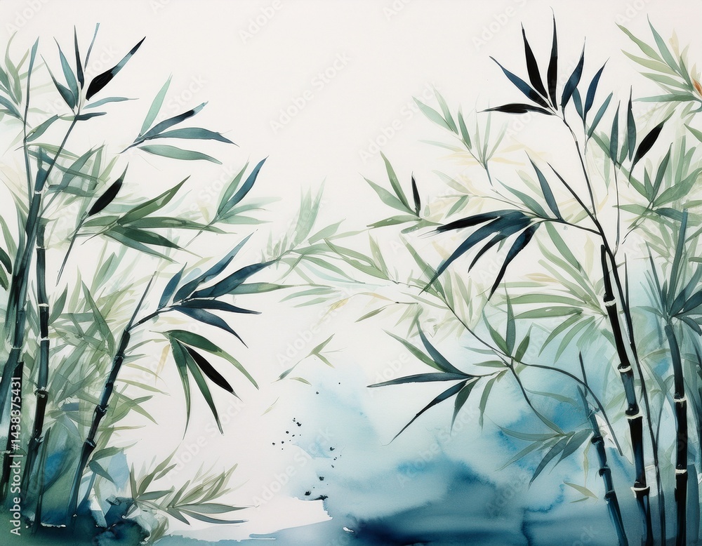 Fototapeta premium aquarel ink painting of flying bamboo leaves minimalist oriental brushwork light background generative ai