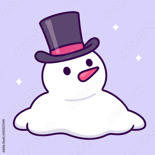 Cute cartoon melting snowman wearing top hat. Simple drawing, vector illustration.