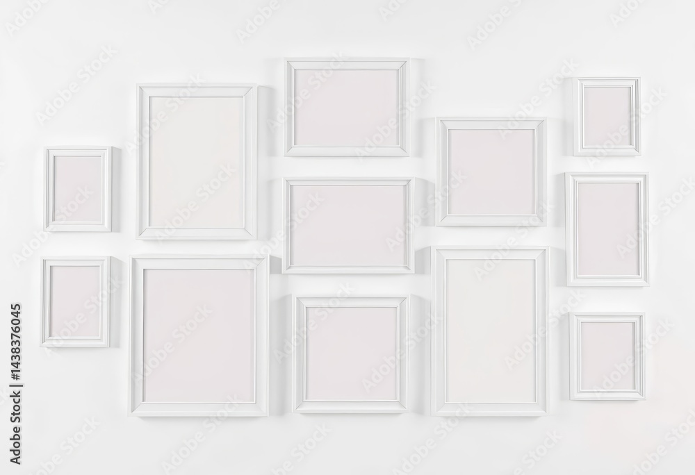 Empty white picture frames varying sizes arranged on a minimalist white wall, wall decor, gallery wall Empty white picture frames varying sizes arranged on a minimalist white wall, wall decor, gallery wall