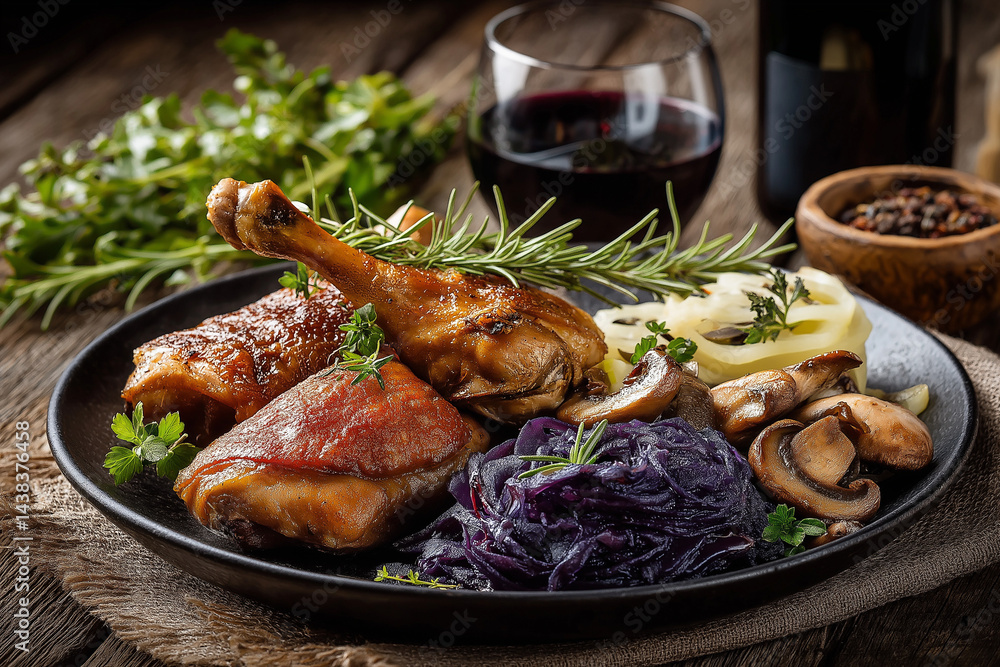 Rustic Roasted Duck Legs with Mushrooms and Wine on Wooden Table Rustic Roasted Duck Legs with Mushrooms and Wine on Wooden Table