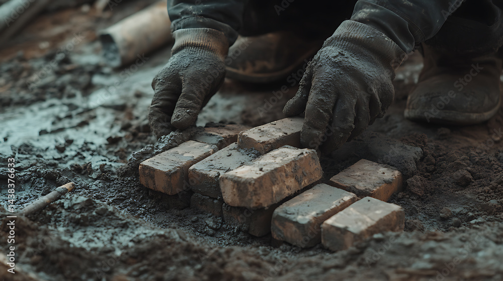 Construction Worker Laying Bricks in Mud Construction Worker Laying Bricks in Mud
