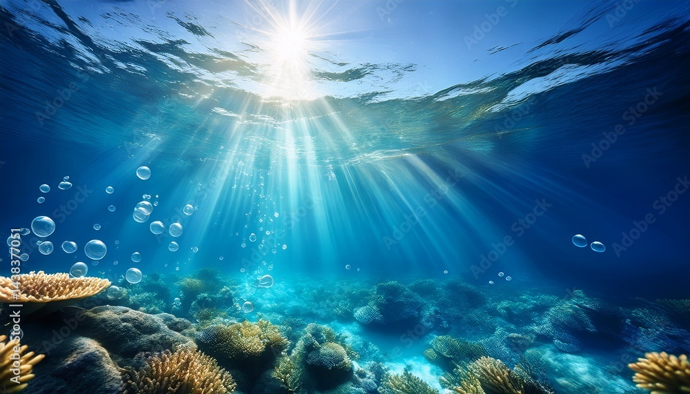 Naklejka premium serene underwater scene with mesmerizing sunlight rays shimmering through the clear blue waters surrounded by floating bubbles and a sense of peaceful tranquility