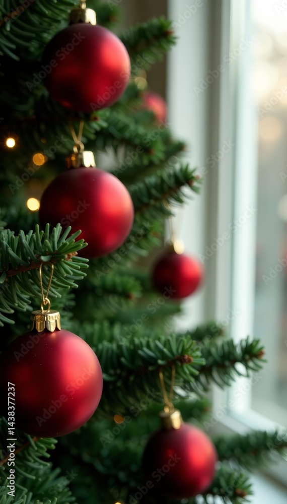 Fototapeta premium Festive red and gold ornaments on a Christmas tree, holiday, poster, Christmas tree