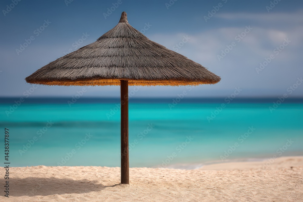 Tropical thatched sunshade with single support post on empty beach under sunny blue sky representing vacation destination calmness and beach rest mood stock photo Tropical thatched sunshade with single support post on empty beach under sunny blue sky representing vacation destination calmness and beach rest mood stock photo