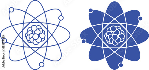 Atomic symbol, nucleus and electron orbits, stylized scientific illustration, blue and white color scheme, minimalist design, symmetrical composition, vector graphic style