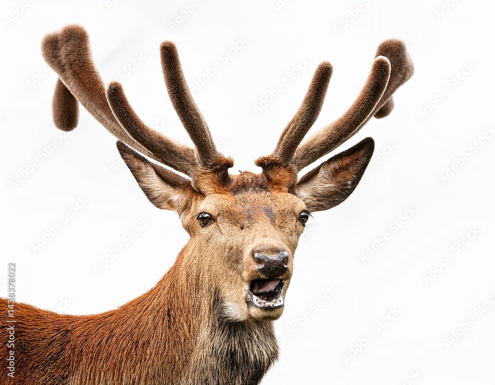 Fototapeta premium bright red antlered deer with playful expression on white background