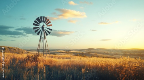 Rustic wind turbine stands tall in a golden field at sunset.  Vast expanse of grassland stretches to horizon.  Peaceful, serene countryside scene.