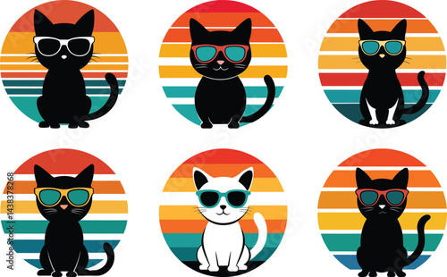 cute cat head wareing a sun glasess shillhouette retro background.