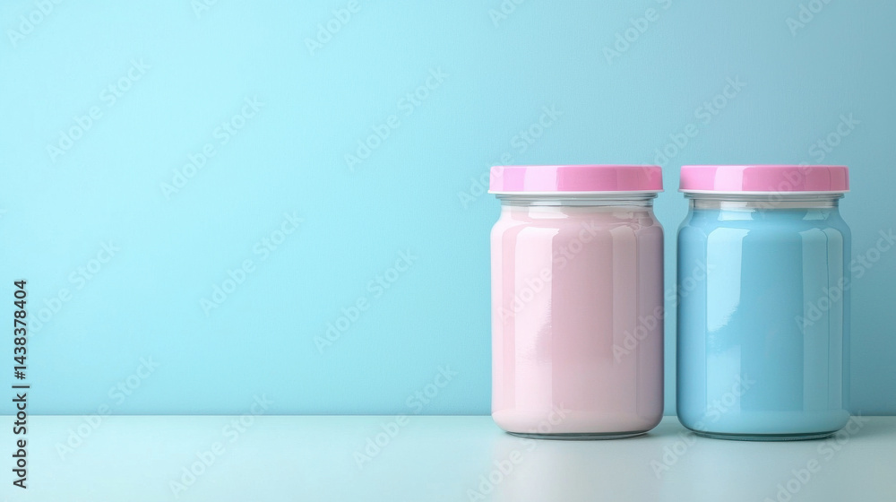 Two pastel colored jars with pink lids on blue background Two pastel colored jars with pink lids on blue background