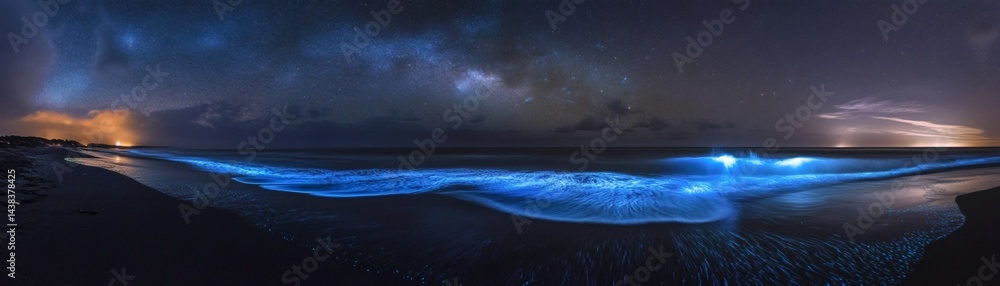 Fototapeta premium A captivating nighttime scene with a bioluminescent ocean glowing in mesmerizing blue hues. This surreal display of natural beauty under the dark sky creates an enchanting atmosphere.