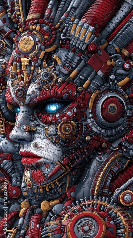 Robotic face, intricate machine details, red, silver, and gold color scheme, luminous blue eyes Robotic face, intricate machine details, red, silver, and gold color scheme, luminous blue eyes