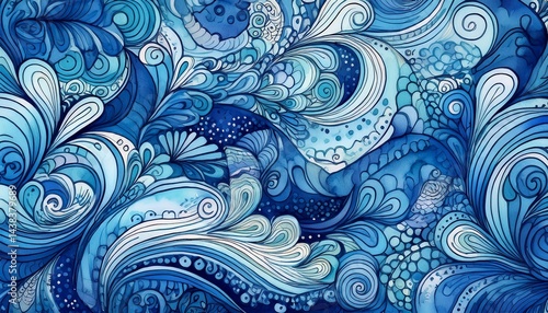 abstract watercolor doodle pattern in soothing blue tones with various shapes and textures