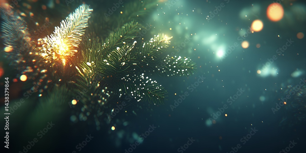 Fototapeta premium Magical Winter Scene Sparkling Snow Covered Pine Branches Glowing with Festive Lights