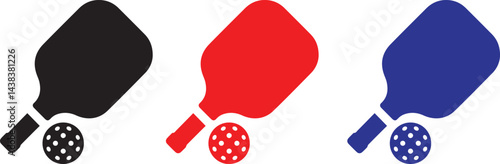 Pickleball paddles, minimalist design, flat colors, black red and blue, polka dot balls, sporting equipment, simple shapes, geometric illustration, clean lines, vector graphic style,