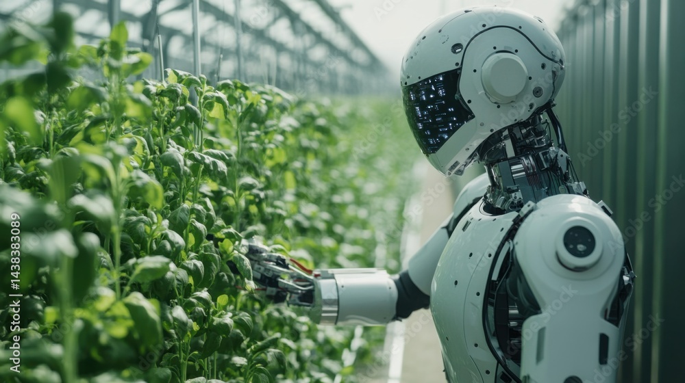Fototapeta premium Robot engineer farming in glass dome