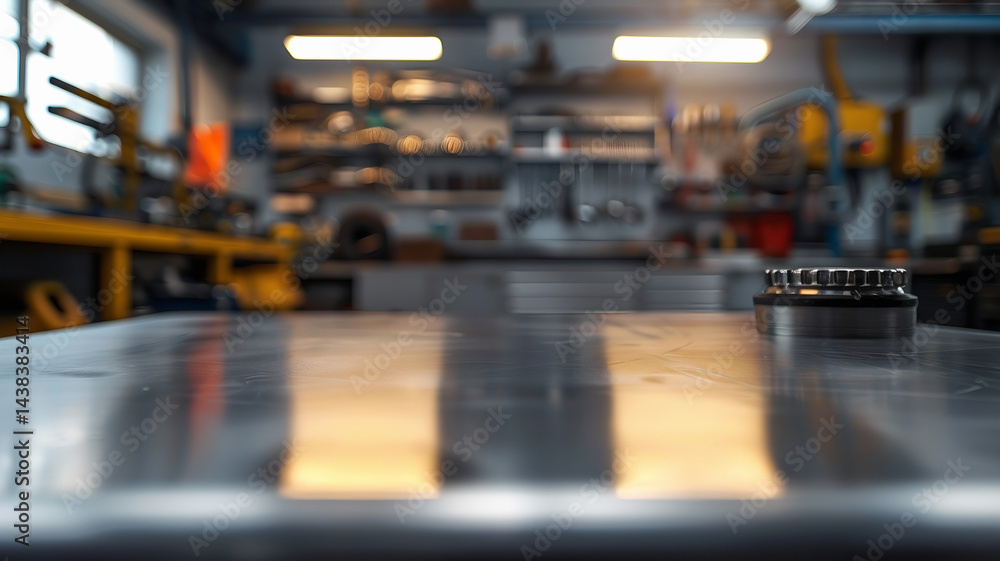 Metal work table metal surface. Automotive manufacturing background. Garage full of stuff auto repair background. Garage storage cabinets, car service center, mechanic work bench, tools background Metal work table metal surface. Automotive manufacturing background. Garage full of stuff auto repair background. Garage storage cabinets, car service center, mechanic work bench, tools background