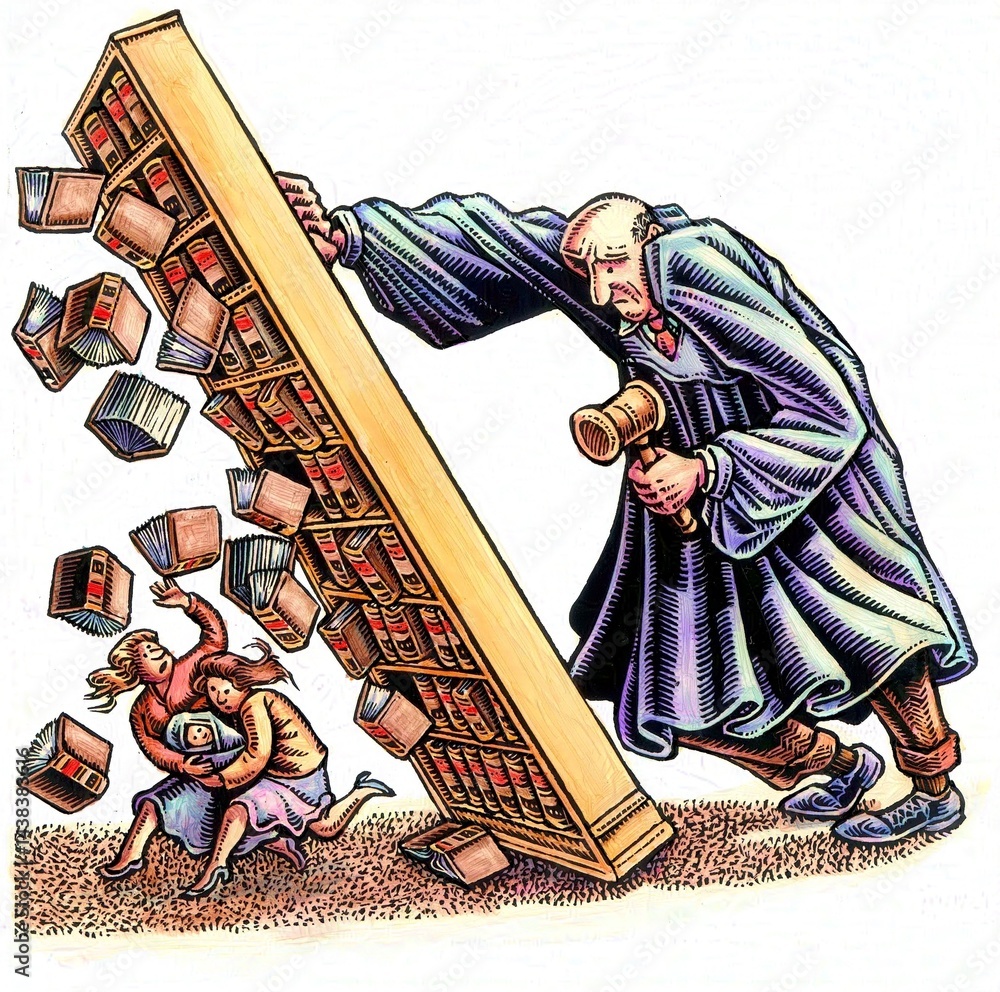 Φωτογραφία angry giant judge tips over huge bookcase of law books onto a fleeing gay lesbian couple