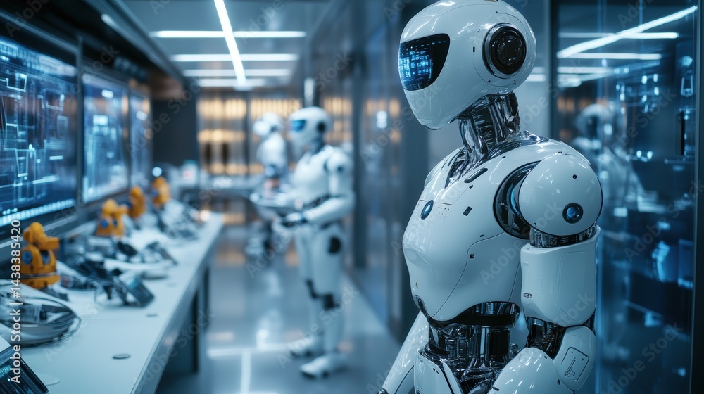 A futuristic AI lab with humanoid robots collaborating with scientists, sleek and clean interior A futuristic AI lab with humanoid robots collaborating with scientists, sleek and clean interior