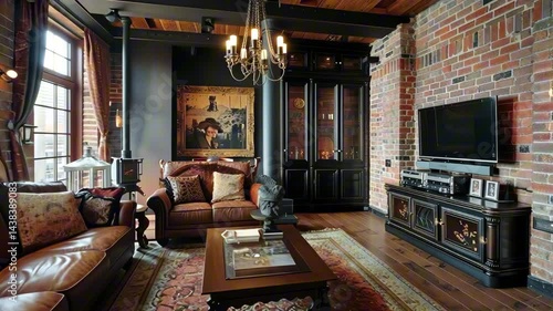 Wallpaper Mural Cozy classic living room with brick walls, leather furniture, warm lighting and vintage paintings. Concept of timeless comfort, western gothic and interior charm Torontodigital.ca