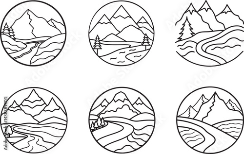 set of river mount line art, black outline, vector and illustration, coloring book page line art drawing