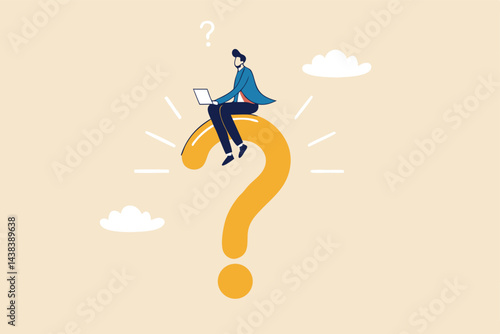 Business problem, solution or answer, solving problem or analyze issue and discover opportunity in trouble and difficulty concept, calmness businessman working with computer on big question mark.