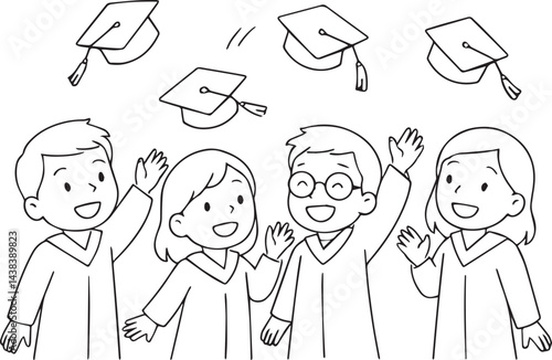 cute outlined drawing of kids celebrating graduation throwing caps in the air for school event coloring page

