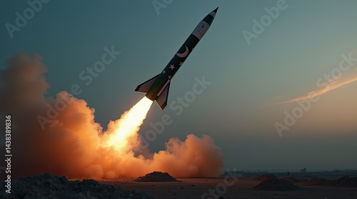 Missile in Pakistan’s flag colors with crescent and star, launching at dusk, representing power and technology.

