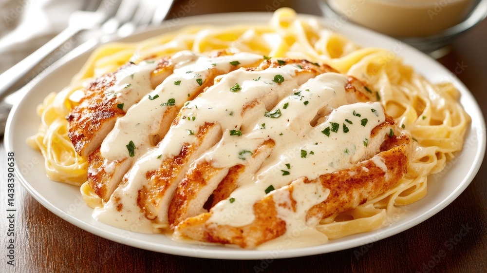 Delicious Chicken Fettuccine Alfredo with Creamy Sauce and Herbs Delicious Chicken Fettuccine Alfredo with Creamy Sauce and Herbs