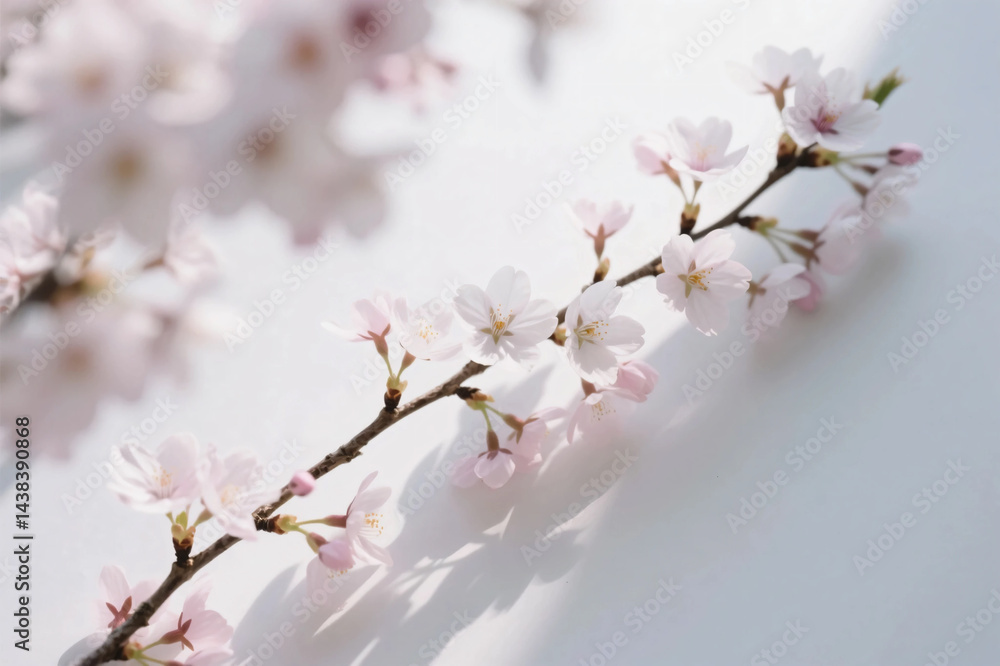 Obraz premium Cherry Blossom Branches: Delicate pink or white blossoms on slender, dark brown branches arranged against a clean, light-colored background. 