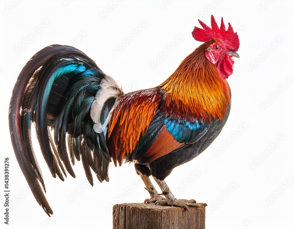 Fototapeta premium colorful rooster standing proudly on wooden post with vibrant plumage on white background