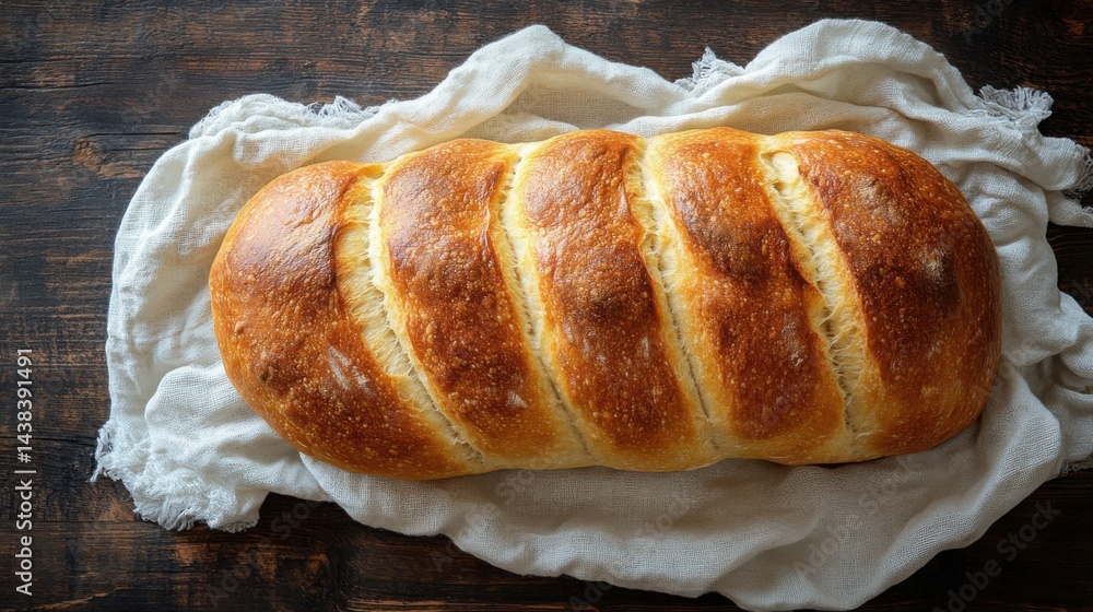 Crusty Artisan Bread Loaf on Linen Cloth Rustic Bakery Food Photography