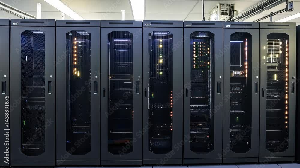 Modern data center servers with dynamic led activity in secure facility Modern data center servers with dynamic led activity in secure facility