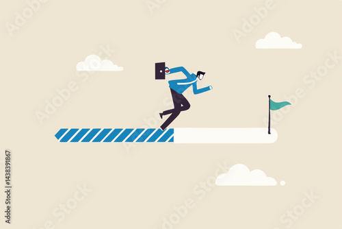 Progress or journey to success or achieve goal, business step or career path, mission or challenge to succeed, improvement concept, ambitious businessman run on progress bar to achieve success flag.