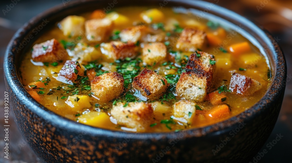 Delicious Autumn Vegetable Soup with Toasted Croutons Close Up