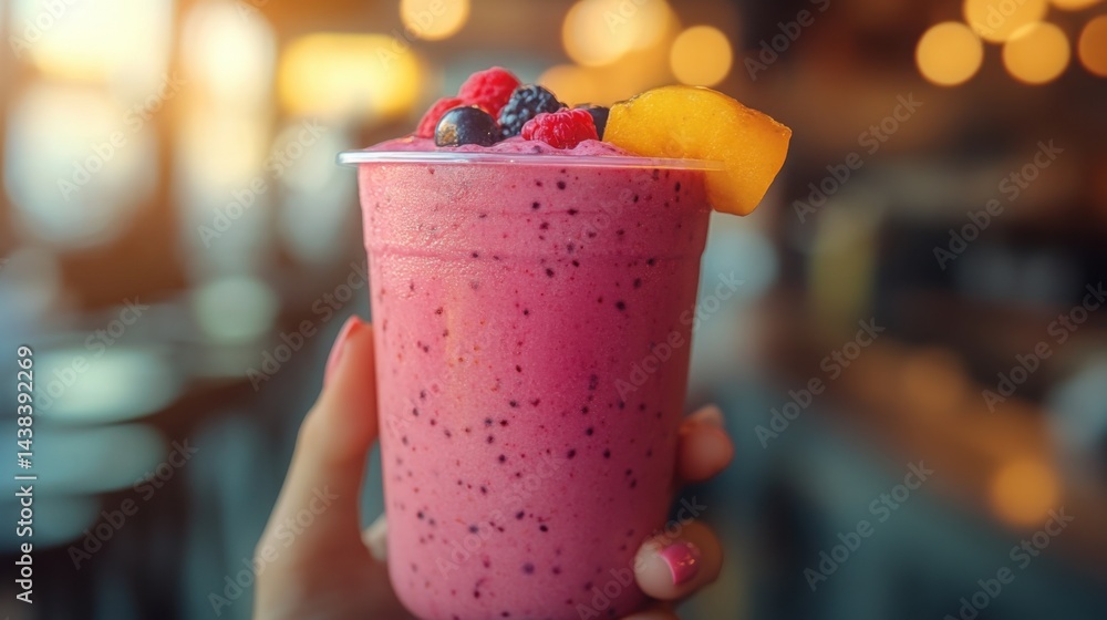 Delicious Berry Smoothie in Plastic Cup Healthy Refreshing Summer Drink Close up View