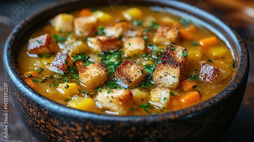 Delicious Autumn Vegetable Soup with Toasted Croutons Close Up