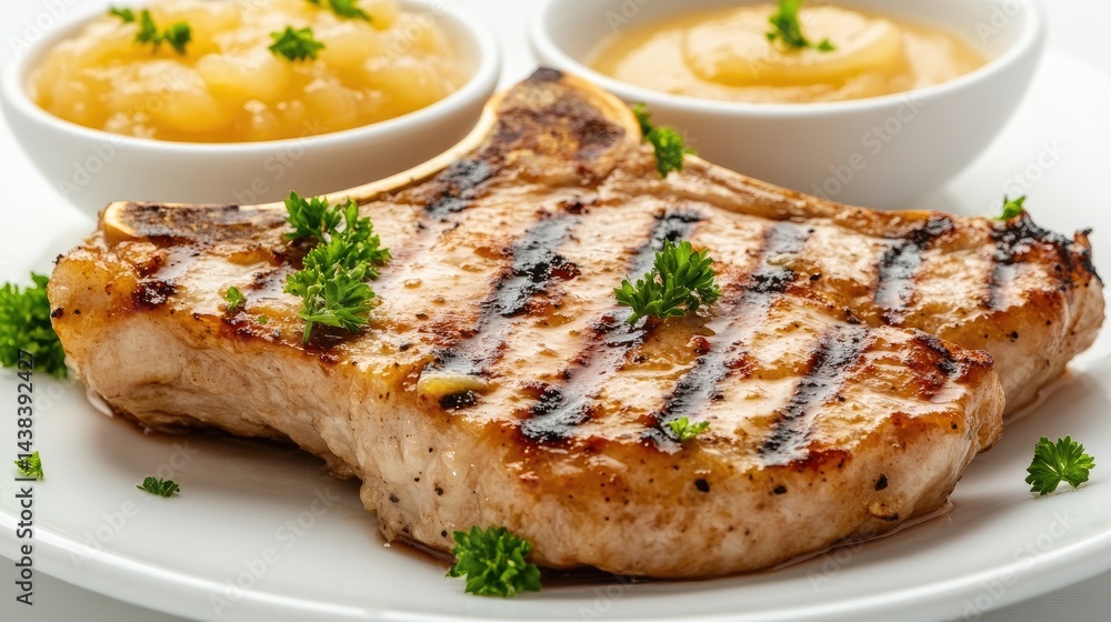 Grilled Pork Chop with Applesauce and Fresh Herbs on White Plate Grilled Pork Chop with Applesauce and Fresh Herbs on White Plate