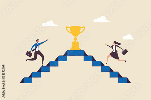 Business competition, employee motivation to success, rivalry or conflict, contest or challenge to achieve target, effort concept, businessman and businesswoman walk up stair compete to win trophy.