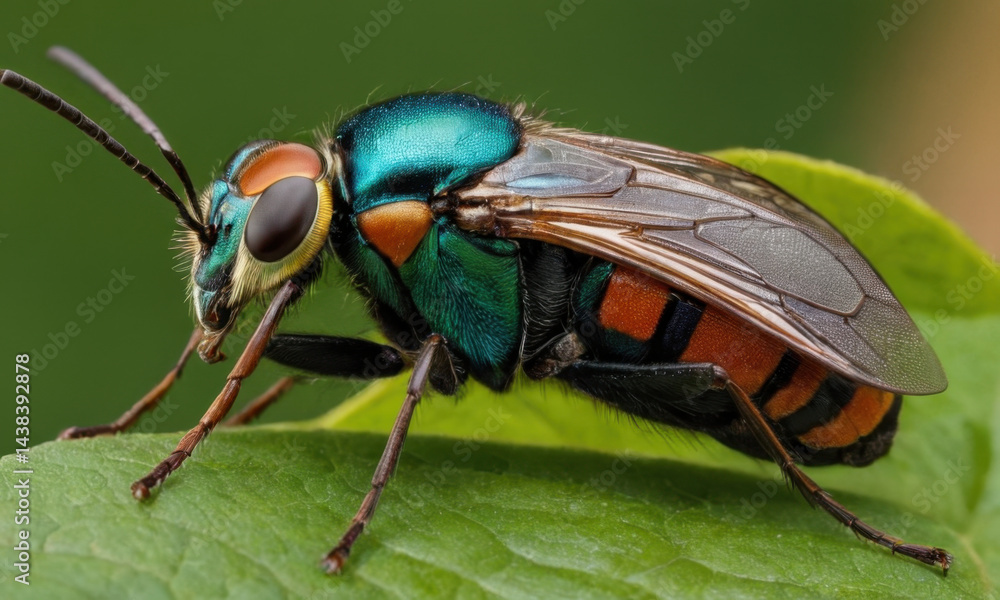 Fototapeta premium A macro shot of a fly sitting on a leaf, showcasing its details